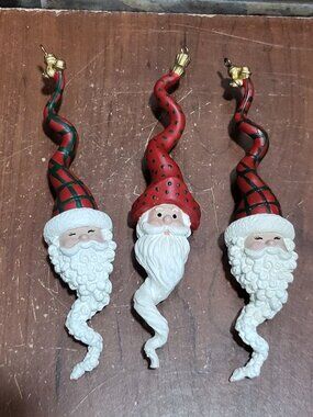 Christmas Ornaments Long Santa Claus Faces Long Curly Caps Matching Beards Set o